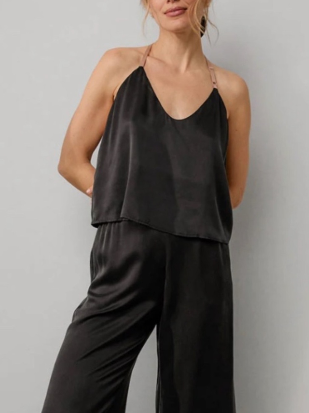 LUNYA Women Black Silk Racerback Sleeveless Cropped Cami Tank Pajama Top Only M